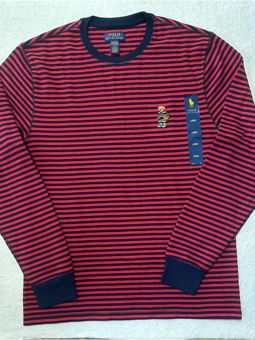Polo by Ralph Lauren Red & Navy Striped Long-Sleeve Tee with Bear Patch